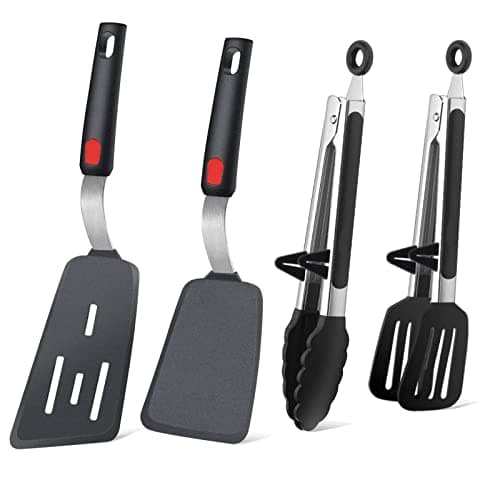 Silicone Cooking Utensils Set, BBQ Tools with Turner Tongs, 4 Pcs Black