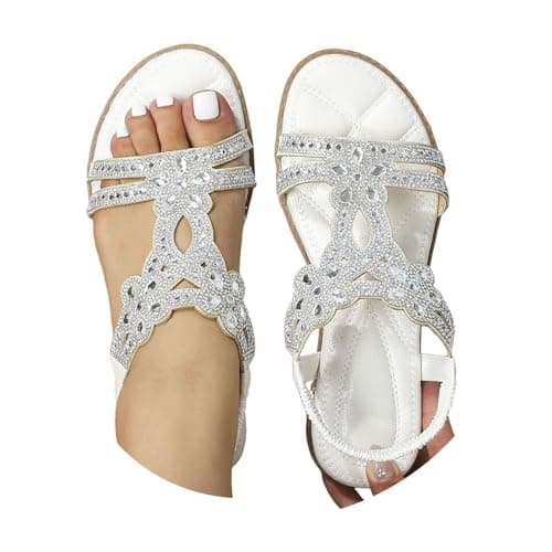 HOOUDO Ladies Walking Sandals Size 6 Wide Fit Bohemian Wedge Sandal Lightweight Summer Elastic Ankle Strap Beading Walking Shoes Comfortable Open Toe Slingback Orthopedic SandalsWomens Running Shoes