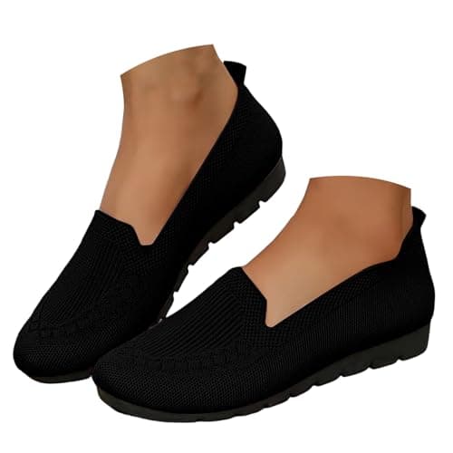 Boat Shoes Women Wide Fit Knitted Mesh Slip-On Flats Solid Color Breathable Low-Cut Casual Loafers with Soft Non-Slip Soles Lightweight Comfortable Walking Shoes for Everyday Wear Office Travel Black