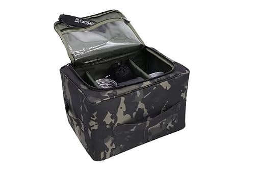 CarpLife Brew Kit Bag Cookware Set - Portable Coffee Tea Cookware Bag - Carp Fishing Brew Kit Set - Camping Tea Coffee Sugar Storage, Teaspoon and Microfibre Hand Towel for Travel & Road Trips - Camo