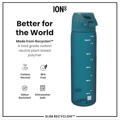 Ion8 Water Bottle, 500 ml/18 oz, Leak Proof, Easy to Open, Secure Lock, Dishwasher Safe, BPA Free, Hygienic Flip Cover, Carry Handle, Fits Cup Holders, Easy Clean, Carbon Neutral, Half Cut Deep Teal — view 5