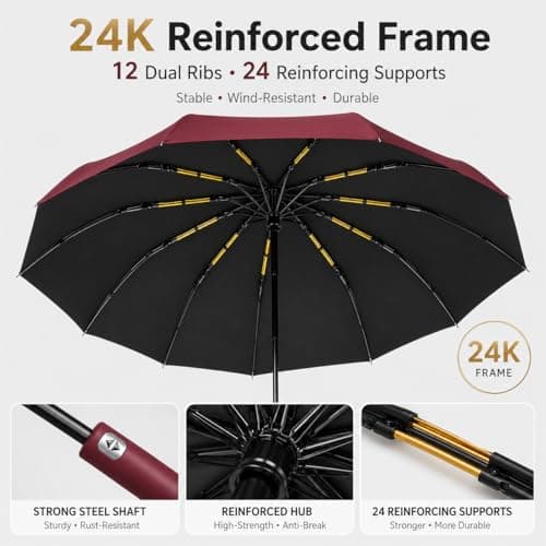 Exquisgoods 24K Sturdy Frame Windproof Umbrella Compact Automatic Travel Umbrella for Women & Men (Red) — view 2
