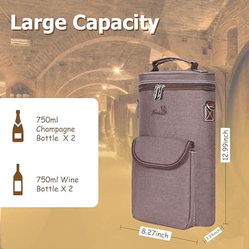 Kato Tirrinia Insulated Wine Cooler Bag Leakproof Padded Portable Wine Carrier with Shoulder Strap 2 Bottle Wine Bag for Camping Travel Beach Picnic Wine Lovers Gift Brown — view 5