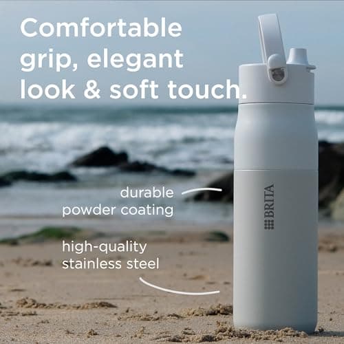 BRITA LARQ Essential Drinking Bottle with Straw Beige (1000ml) Stainless Steel Water Bottle, Double-Walled Insulation (24h Cold), with Detachable Soft-Touch Handle, Dishwasher Safe — view 3