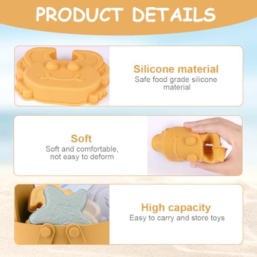HOTUT Sand Toys for Kids, 8 Pack Silicone Sand Toy with Foldable Bucket, Shovel and Moulds, Summer Beach Toys for Kids, Beach Toy for Sandbox and Beach — view 3