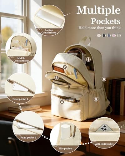WEPOET Lightweight Secondary School Backpack For Womens Men, Cute School Bag For Teens Boys Girls, Casual Daypacks Waterproof Rucksack With Multiple Pockets(Beige) — view 4