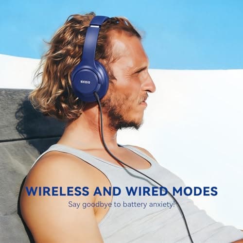 KVIDIO Bluetooth Headphones Over Ear, 65 Hours Playtime Wireless Headphones with Microphone, Foldable Lightweight Headset with Deep Bass,HiFi Stereo Sound for Travel Work PC Cellphone (Blue) — view 5