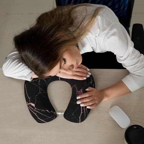 AUGUSTRUSH Memory Foam Neck Pillow - Travel Pillow With Adjustable Clasp, Removable Washable Cover For Airplane Office Car, Ergonomic Support Comfortable U-Shaped Pillow, Black Rose Gold Marble Print — view 6