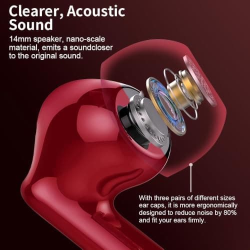 Wireless Earbuds, Bluetooth 5.4 Headphones In Ear with 4 ENC Mic, 2025 New Wireless Earphones Noise Cancelling Deep Bass, LED Display, Bluetooth Earbuds 36H Playtime, IP7 Waterproof Ear buds USB-C Red — view 3