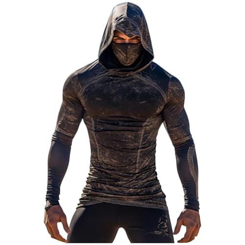 Hoodie Men's Long Sleeve Rash Guard Breathable Summer Long Sleeve Shirt Print Hooded Shirt UV Shirt with Hood Mask Sun Protection Quick-Drying Functional Shirt, brown, S