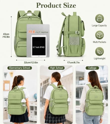 FIORETTO 25L School Bag for Girls & Teens, Womens Backpack Rucksack with Organized Pockets, Trolley Strap & Chest Buckle, Fits 15.6" Laptop, Ideal for School, Travel & Daily Use Green — view 5