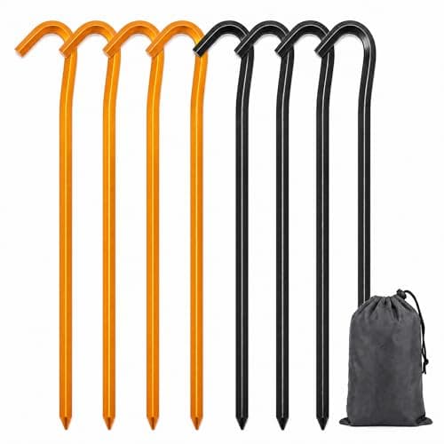 Tent Pegs Metal Heavy Duty 8-Pack, 18cm Hard Ground Tent Pegs Heavy Duty for Hard Ground, Aluminium Alloy Hexagonal Camping Pegs for Outdoor Camping and Backpacking with Storage Bag - Black&Orange