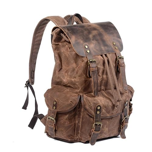 WUDON Leather Backpack for Men, Waxed Canvas Shoulder Rucksack Carry-On Travel Backpack, Coffee, L, Travel Backpacks — view 6