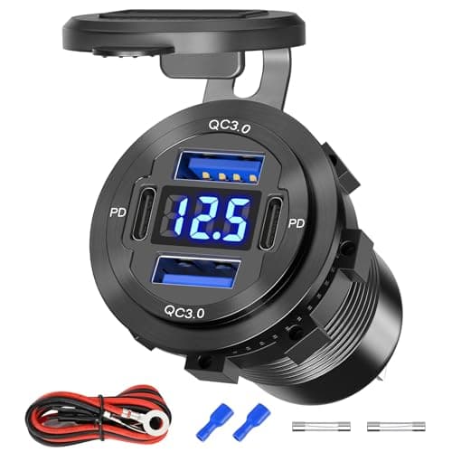 12V/24V USB Outlet, 84W 4-Port USB Car Charger Socket with Dual PD3.0 & Dual QC3.0 Fast Charging, Aluminum Alloy Waterproof Outlet with LED Voltmeter, Compatible for Cars Boats RVs Motorcycles Marine