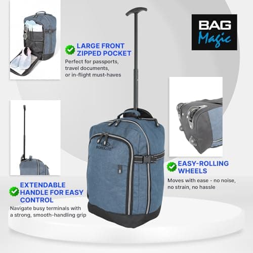 Bordlite RyanAir Approved Cabin Holdall on Wheels, 40x25x20cm Hand Luggage Bag, Extendable Handle, Multi Pocket Twill Travel Bag - 20L - Teal — view 3
