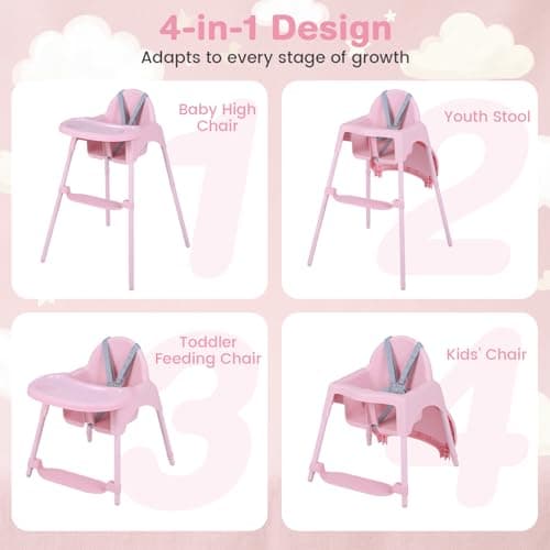 COSTWAY High Chair for Babies and Toddlers, 4 in 1 Convertible Baby Highchair with 2 Heights, Removable Double Tray, 5-Point Harness & Reversible Footrest, Infant Feeding Chair for 6-36 Months (Pink) — view 2