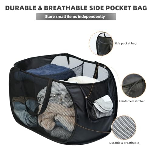 KIAYOO Collapsible Laundry Basket,Foldable Clothes Hamper 2 Compartments with Side Pocket Bag,Pop up Washing Bin Bag for Bathroom,Bedroom,College Dorm,Hotel,Travel,Black — view 5