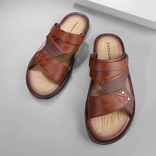 Mens Wide Fit Walking Sandals Leather Open Toe Sliders Flat Beach Shoes Back Strap Casual Hiking Outdoor Breathable Lightweight ArchSupport Orthopedic Slipper (Brown, 9) — view 3