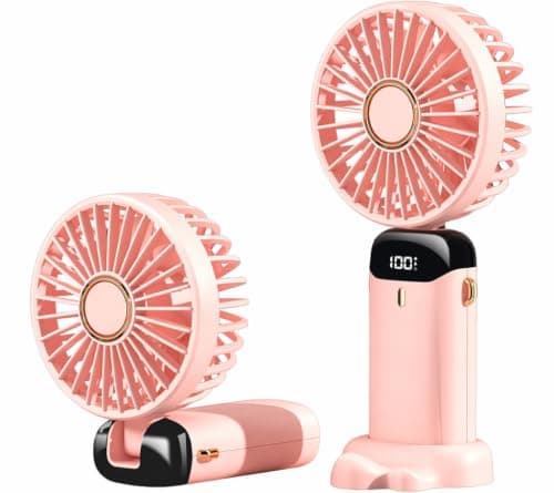 Jsdoin Hand Held Fan,Portable Handheld USB Rechargeable Fans with 5 Speeds,Battery Operated Mini Fan Foldable Desk Desktop Fans with LED Display for Home Office Bedroom Outdoor Travel (Pink)