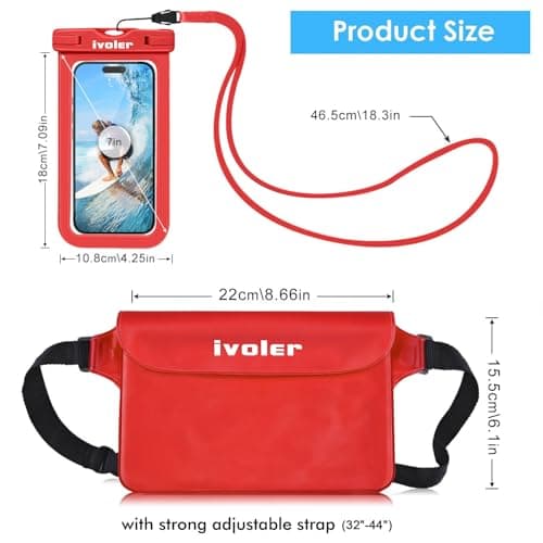 ivoler [2 Pack Waterproof Phone Case & Pouch Set, IPX8 Dry Bag with Waist Strap for Beach, Swimming, Kayaking, Fits iPhone 17 16 15 Pro Max, Samsung S26 S25 Ultra, Up to 7.0" - Bright Red — view 2