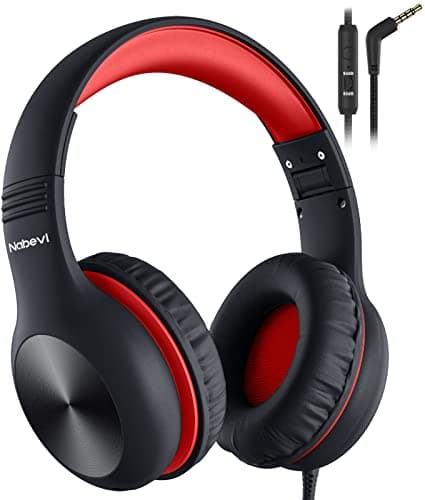 Nabevi Kids Headphones, Childrens Headphones with Microphone, 85/94dB Volume Limit, HD Sound, Sharing Function, Wired Headphone for Kids Boys Girls for Tablet/iPad/Kindle/PC/School/Travel, Black Red