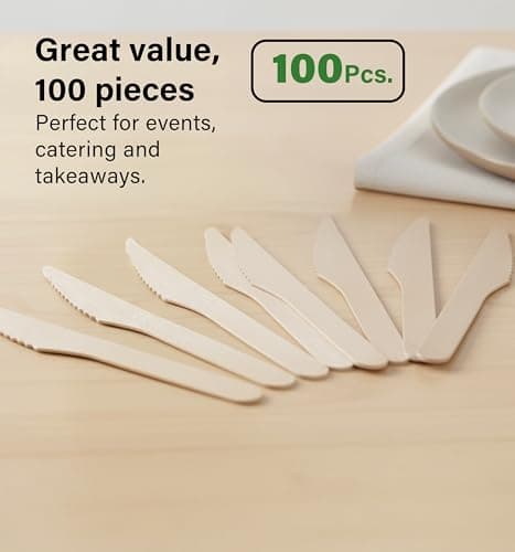 Vivo Technologies 100Pcs Disposable Wooden Knives – Eco-Friendly, Biodegradable & Compostable – 100% Natural Wood Utensils – Sustainable Flatware for Parties, Picnics, Events, Camping — view 5