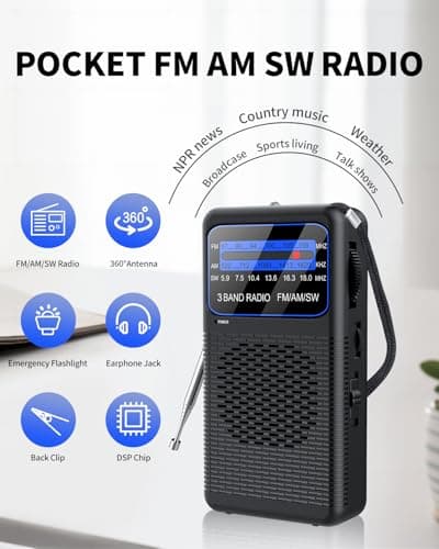 AM FM SW 3 Band Pocket Radio, Portable Battery Operated Shortwave Radio, Back Clip Transistor radios with 3.5mm Earphone Jack, Emergency LED Flashlight for Camping, Home — view 2
