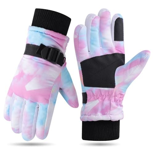 Kids Ski Gloves Waterproof Thermal Snow Gloves for Girls Aged 5-15, Windproof Non-Slip Winter Mittens with Adjustable Cuffs, Warm Snowboard Mittens for Sledding Skating Outdoor Sports,Pink:5-9 years