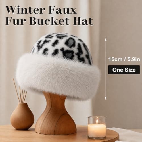 Faux Fur Bucket Hat for Women, Russian Style Winter Fluffy Fuzzy Ladies Hats Travel Hiking Work Home, Chapeau Fourrure Femme Winter Fashion Gift (White Leopard) — view 2