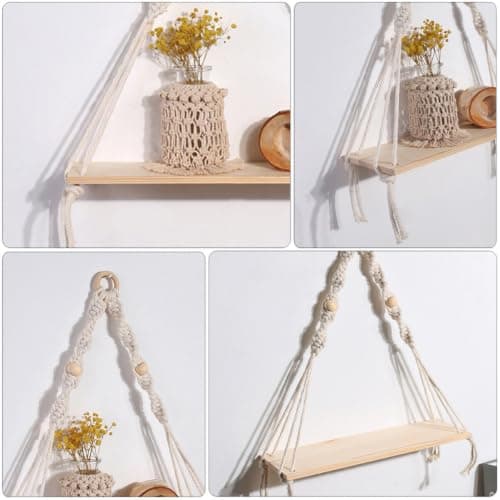LOORGVEL Macrame Nordic Wood Wall Shelf Cotton Rope Beige Handmade Decor — view 5