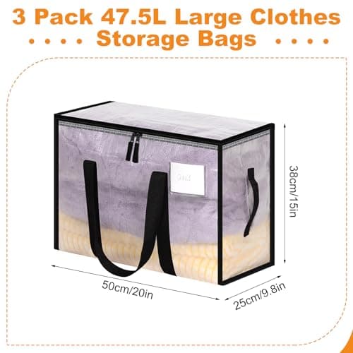 Yafe 3 Pack Medium Clothes Storage Boxes with Lids, 48L Transparent Capacity Storage Bags Storage Organiser Moving Bags Packing Boxes for Moving House Clothes Bedding Duvet Toys Storage(48L) — view 2