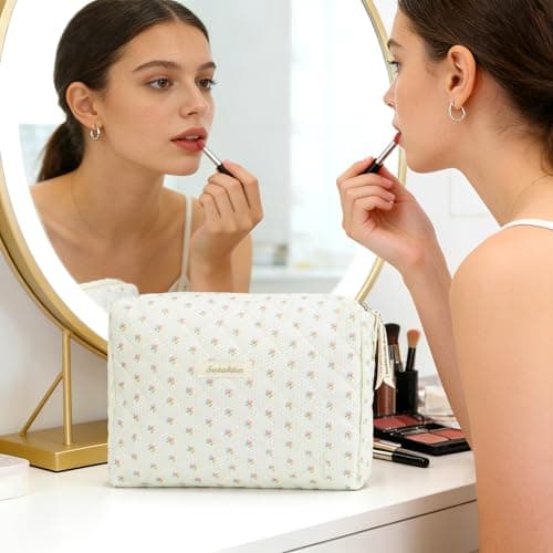 Travel Toiletry Bag, Cotton Floral Travel Makeup Bag, Portable Cosmetic Bag, Traveling Makeup Storage Bag for Women Girls (Flower-Beige) — view 6