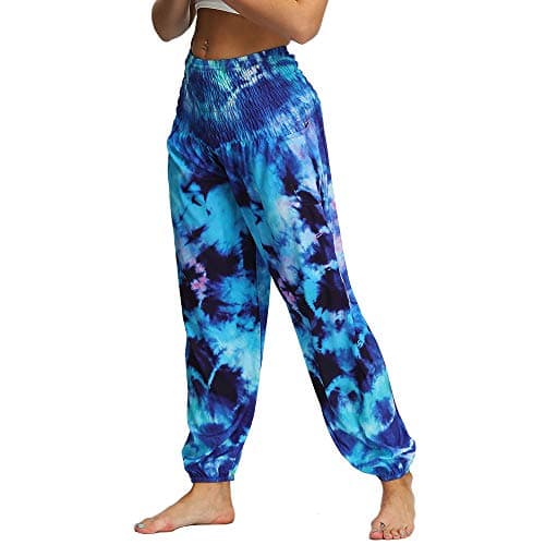 Nuofengkudu Women's Hippie Baggy Harem Trousers Smocked High Waist Soft Bohemian Print Colourful Yoga Pants with Pockets Lightweight Flowy Travel Holiday Beachwear (Blue A,One Size) — view 6