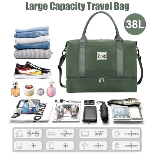 Large Weekender Bags for Women Travel Duffel Bag with Shoes Compartment & Wet Pocket, Carry on Bags for Airplanes Women, Duffel Bag Gym Tote Overnight Bag, Olive Green-A, L — view 2