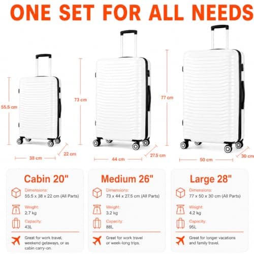 Set of 3 Pieces Luggage Hard Shell Suitcase, White — view 2