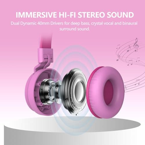 Kids Headphones Wired,On-Ear Wired Headphones for School,Safe Volume Limited 85/94dB,HD Mic Stereo Sound Girls Boys Wired Headphone for Kids,Foldable Headset for Travel Computer Plane Tablet (Pink) — view 5