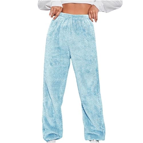 Fleece Lined Trousers Pyjama Bottoms Women High Waist Thick Thermal Leggings Plain Winter Warm Stretchy Leggings Elastic Waist Casual Comfy Tapered Leg Fluffy Pajama Pants