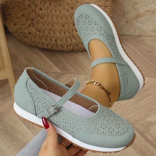 Women's Vintage Perforated Mary Jane Sneakers Chic Buckle Loafers Breathable Walking Shoes for Travel and Weekend Trips Light Green — view 2