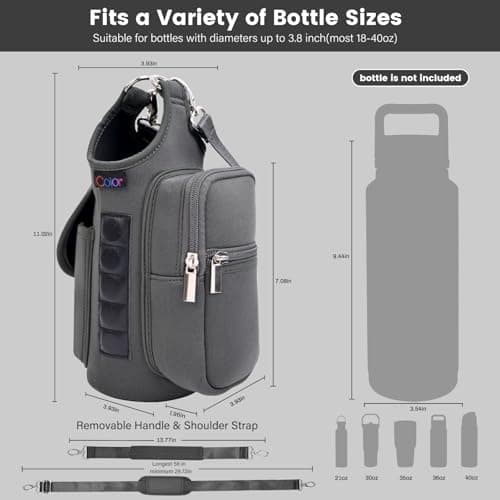 icolor Gym Magnetic Bag Water Bottle Carrier Holder with Strap & Phone Pockets, Diameter 3.9" Magnetic Gym Bag 5 Built-in Magnets Gym Accessories Organizer Pouch Sling Sleeve (Neoprene, Gray) — view 3