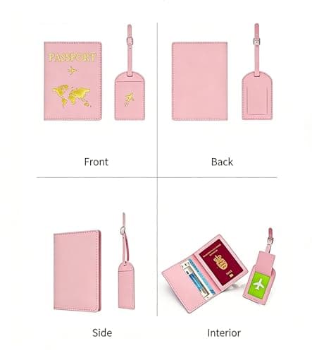 SINJAETRQ Passport Holder Travel Wallet RFID Blocking, PU Leather Travel Document Organiser with Luggage Tag,Document Organiser, Holiday Travel Essentials for Men & Women (Pink) — view 6