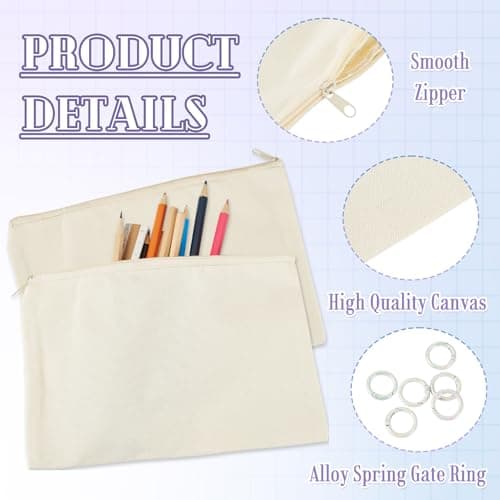 Bestewelry 6 pcs Canvas Travel Cosmetic Bags Blank Canvas Makeup Bags Blank Fabric Pencil Cases with Rings for Students School Storage Women Travel Makeup Organizer, White — view 4