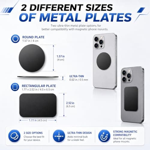 Qinoc Metal Plates for Mobile Magnetic Mount - Universal Replacement Plate Metal Disc with Strong Adhesive for Car Mounts, Magnetic Phone Holder - 2 Rectangle and 2 Round (All Black) — view 4