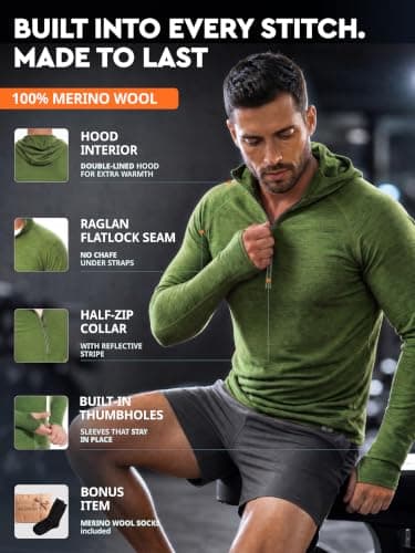 MERINNOVATION 100% Merino Wool Hoodie for Men - Thermal Base Layer Men's Long Sleeve Half Zip Sweatshirt for Hiking Travel, Green Olive, M — view 3