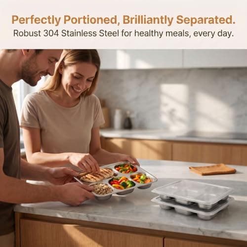 2 PCS Stainless Steel Snack Boxes with Lids, 1400ml 5 Compartment Bento Lunch Containers, 304 Stainless Steel Food Storage Boxes with Leak-proof Lid for Kids Adults, School, Work, Travel and Meal Prep — view 4