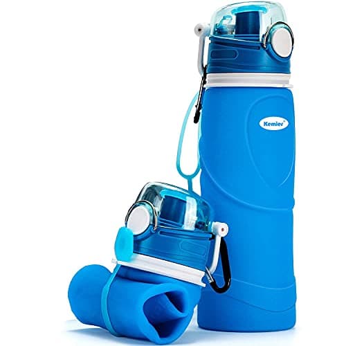 Kemier Collapsible Foldable Water Bottle for Travel, Gym, Hiking - Silicone Leakproof Sports Outdoor Bottle with Carabiner, 750ML/26OZ (Blue)