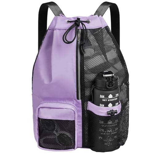CHEPULA Swim Bag Mesh Drawstring Backpack with Wet Pocket, Waterproof Gym Bags for Beach Swimming Pool Gym Workout Men Women (Purple)