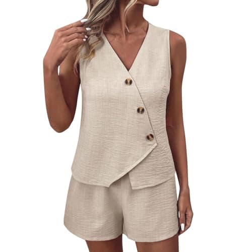 NSICBMNO Beige Lounge Sets For Women Shorts Co Ord Sets Summer 2 Piece Outfits Sleeveless Waistcoat V Neck Vest Tops Wide Leg Shorts Casual Tracksuits Travel Airport Outfits For Office Work Beach