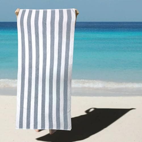 SweetNeedle Beach Towels for Adults Pack of 2 - Silver-White Cabana Striped Classic - 100% Cotton Terry Ringspun Pool Towel, Quick Dry, Super Absorbent Swimming large towel, 100x150 cm — view 2
