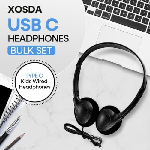XOSDA USB C Headphones Bulk 20 Pack for Classroom School Kids Students, On-Ear Wired Type C Headset for Children Travel Testing Compatible with Tablet Smartphones (Black) — view 2
