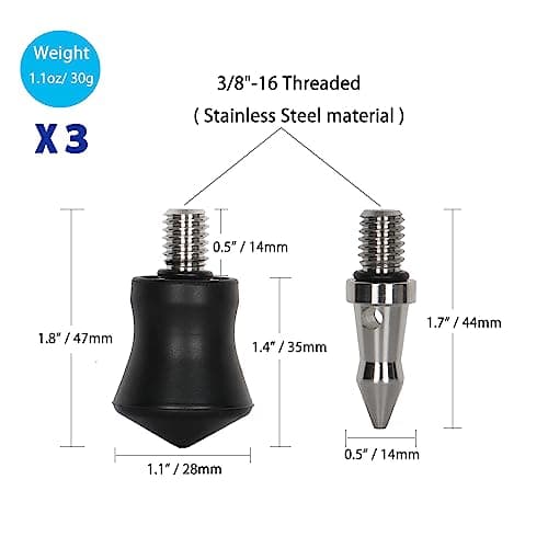 Koolehaoda Tripod Feet Rubber Spike Stainless Steel 3/8" Universal 3 Pack — view 2